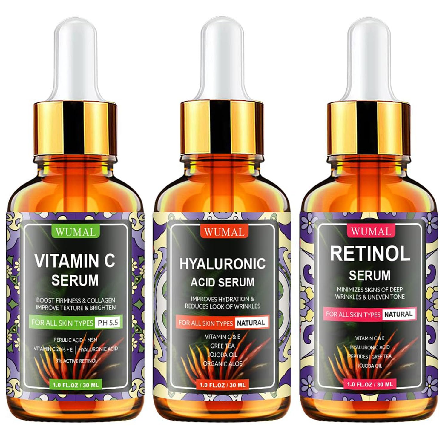 Wumal 3 Pack Face Serum Set - Includes Vitamin C, Retinol & Hyaluronic Acid - Firming, Brightening & Hydrating