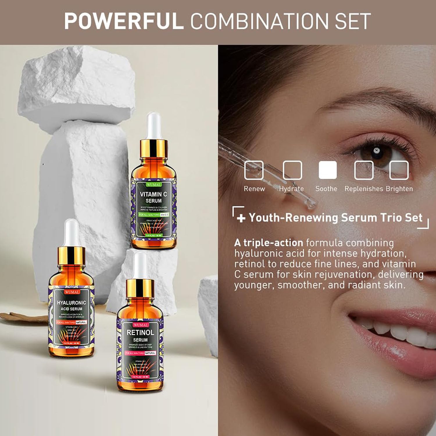 Wumal 3 Pack Face Serum Set - Includes Vitamin C, Retinol & Hyaluronic Acid - Firming, Brightening & Hydrating